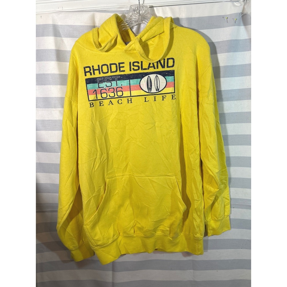 MillTex Rhode Island Beach Life Hoodie Mens Yellow Surf Graphic Sweatshirt L